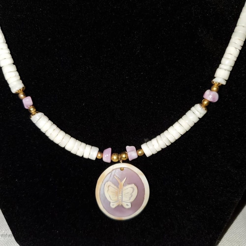 Butterfly carved shell and shell bead necklace